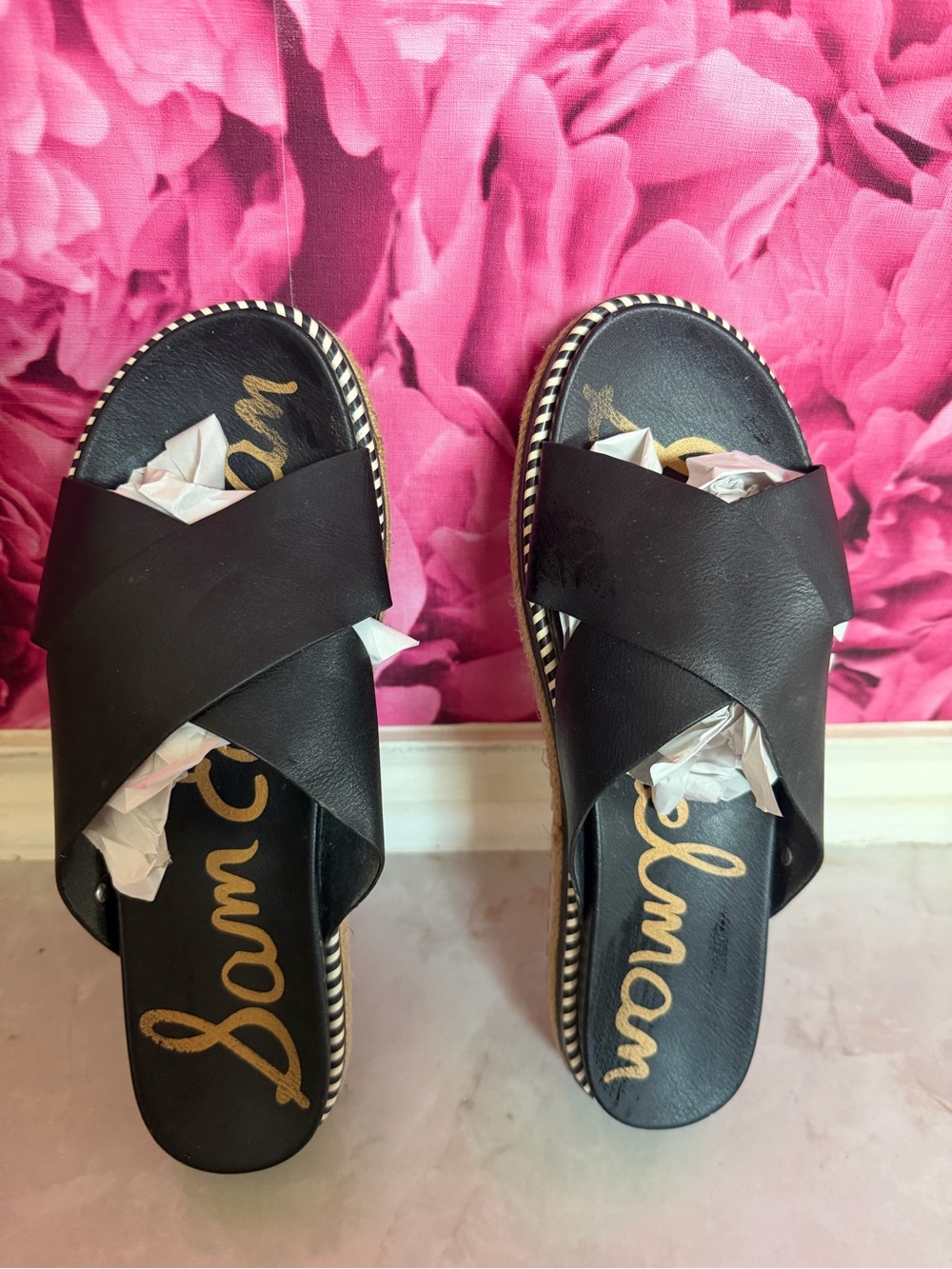 Sam Edelman Black Leather Crisscross Espadrille Slide Sandals - Picture 4 of 7